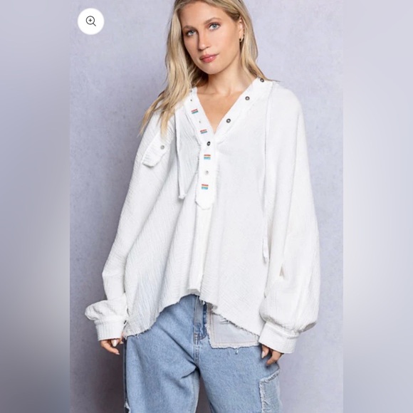 POL Those Girls Half Button Embroidered Gauze Hoodie Top - Picture 6 of 6